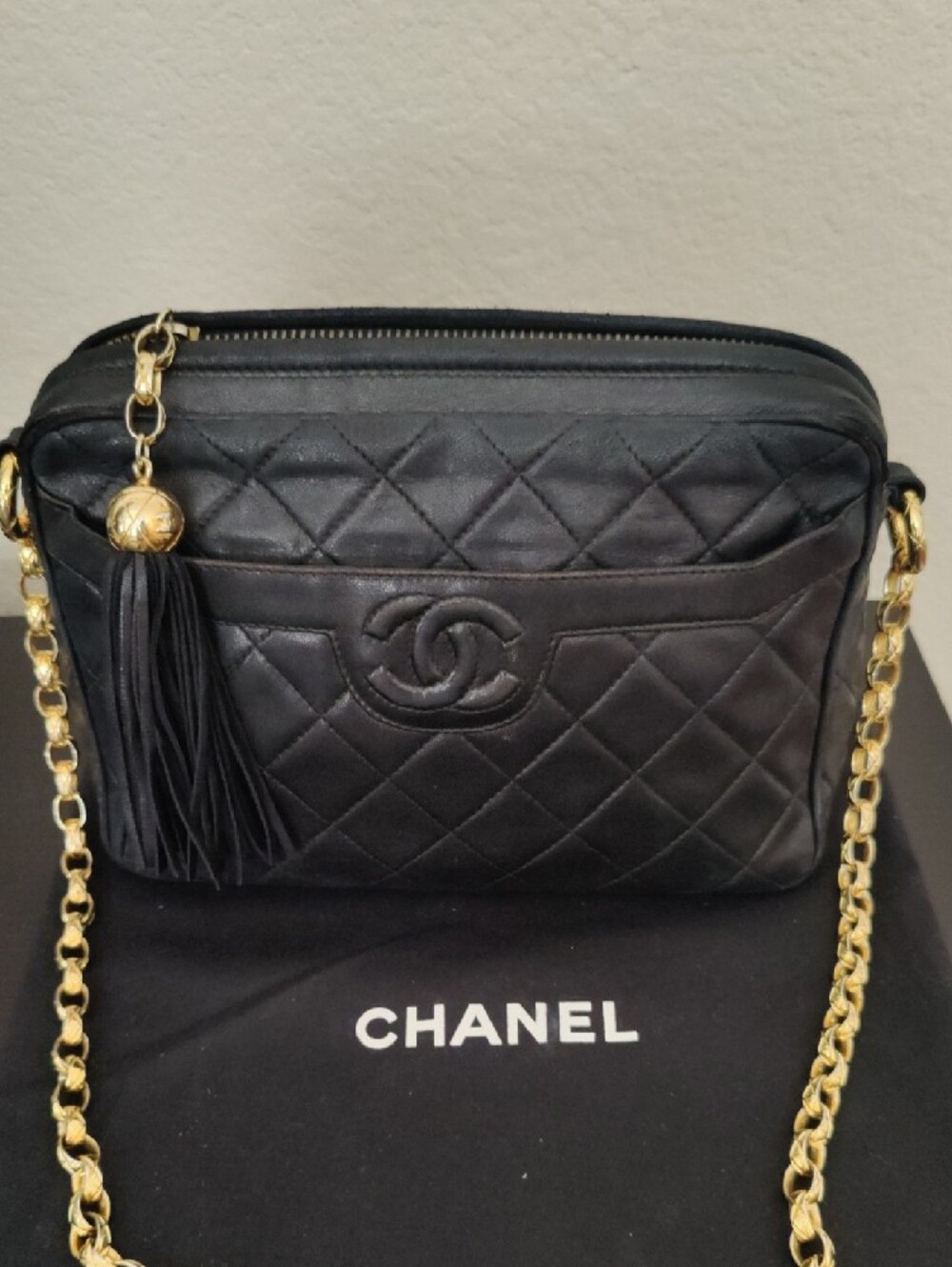 Authentic CHANEL Black Quilted Leather Shoulder Bag with Gold Chain and Tassel - Picture 9 of 12